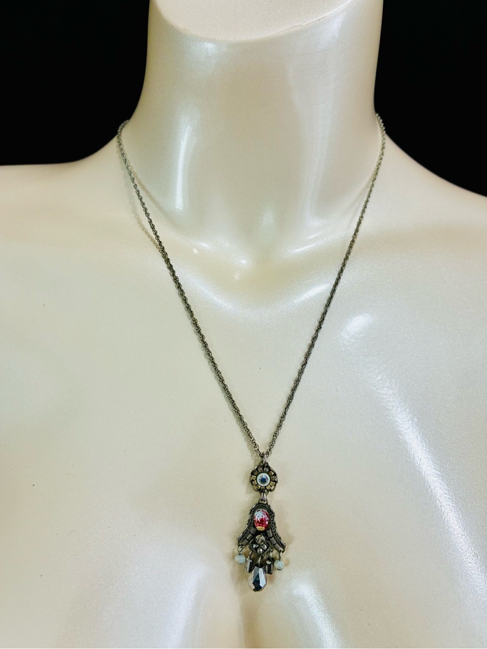 Antique-Style Silver Pendant Necklace with Red and Blue Accents Minimalist EUC